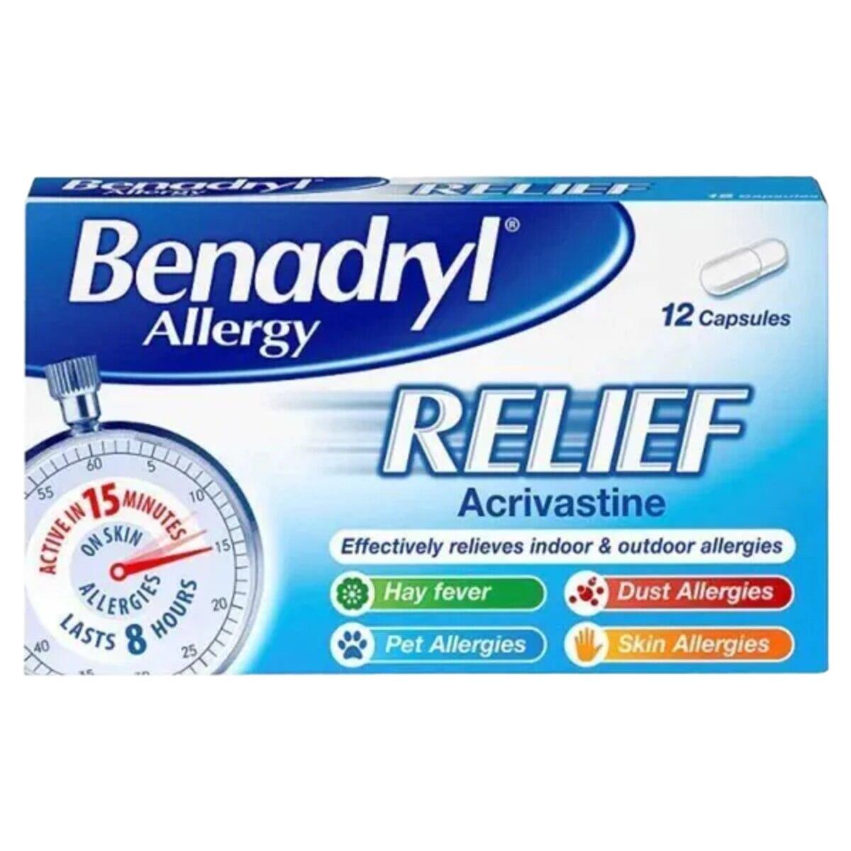 Benadryl Allergy Relief Capsules - Acrivastine 8mg, 12 Capsules