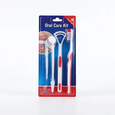 Oral Care Kit - 4 Piece Set (Toothbrush, Tongue Cleaner, Mirror, Pick)